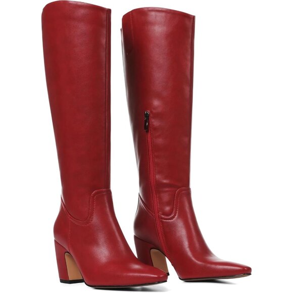 Women's Knee High Red Boots Square Toe Chunky Heel Wide Calf Tall Zipper Boots - Picture 3 of 7
